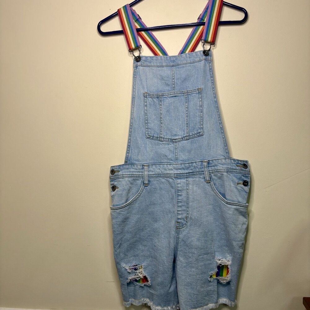 Target Denim Shortalls Rainbow Stripes Adult SMALL Light Wash Raw Hem